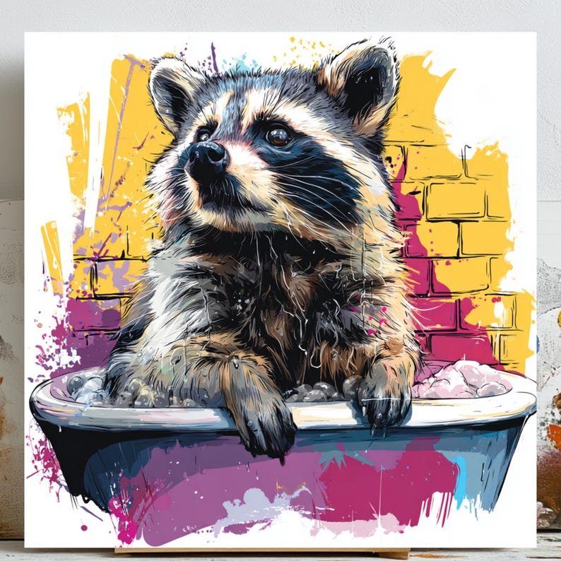 Raccoon in Bathtub Wall Art, Canvas Or Poster, Funny Bathroom Decor, Colorful Pop Art Print, Trash Panda Art, Modern Bathroom Wall Decor