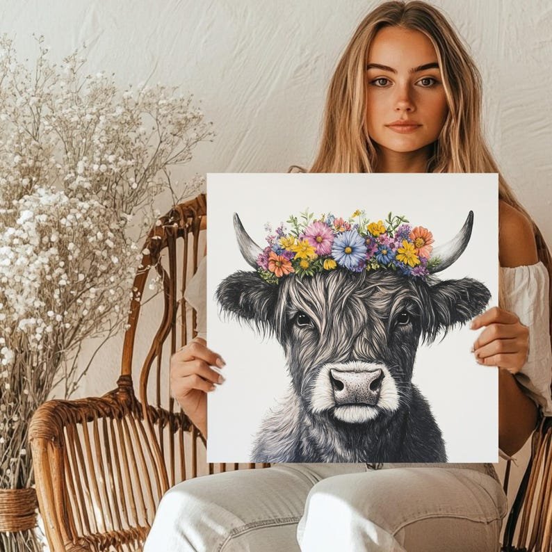Floral Highland Cow Art, Canvas or Poster, Cow Wall Hanging, Living Room Wall Art, Modern Farmhouse Decor, Rustic Country Home Theme, - Image 5