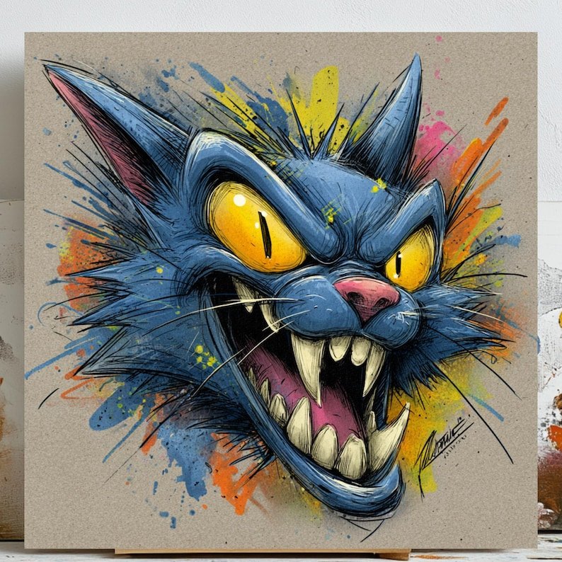 Blue Graffiti Cat Wall Art, Canvas Or Poster, Edgy Room Decor, Street Art Style, Game Room Decor, Pop Art Animal, Crazy Cat Wall Decor