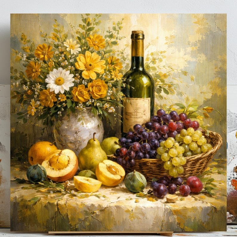 Still Life Wine Wall Art, Fruit Basket Painting, Canvas Or Poster, Kitchen Decor, Rustic Home Decor, Grapes and Wine Art, Floral Art Decor