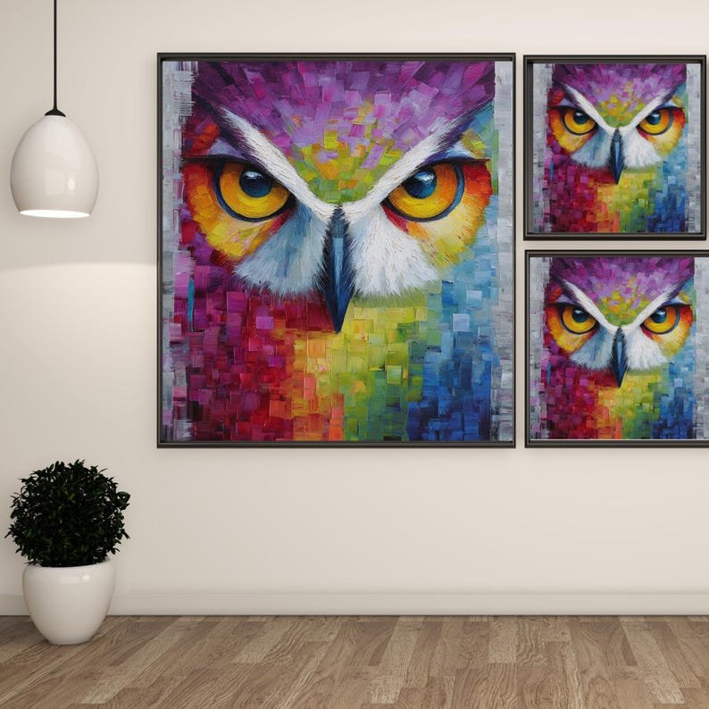 Colorful Owl Face Wall Art, Impasto Oil Painting Print, Bird Lover Gift, Modern Boho Decor, Wildlife Artwork, Living Room Office, Neon Eye - Image 2