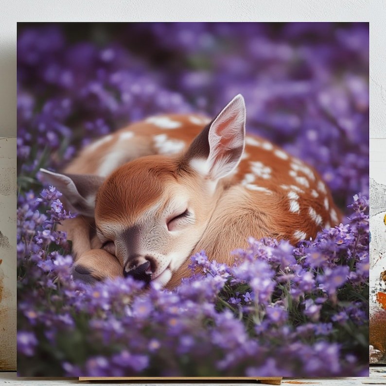 Sleeping Baby Deer Art Print: Purple Floral Nursery Decor