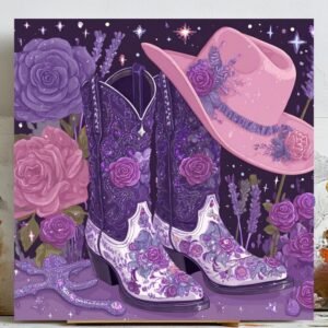 Purple Cowgirl Boots and Pink Hat Wall Art, Canvas Or Poster, Western Floral Decor, Girly Dorm Room Decor, Aesthetic Boho Art, Country Gift