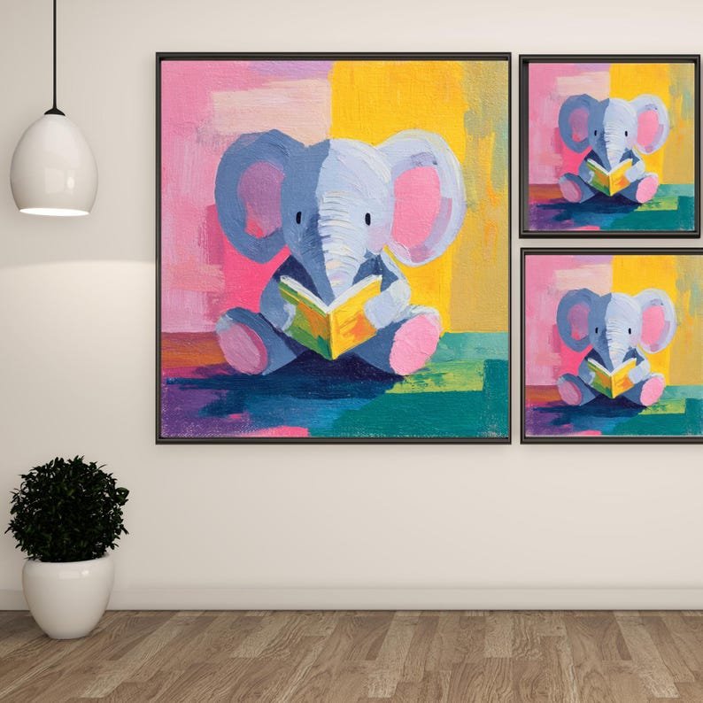 Elephant Reading Book Wall Art, Canvas Or Poster, Nursery Wall Decor, Kids Room Art, Colorful Animal Painting, Whimsical Library Art, Gift - Image 2