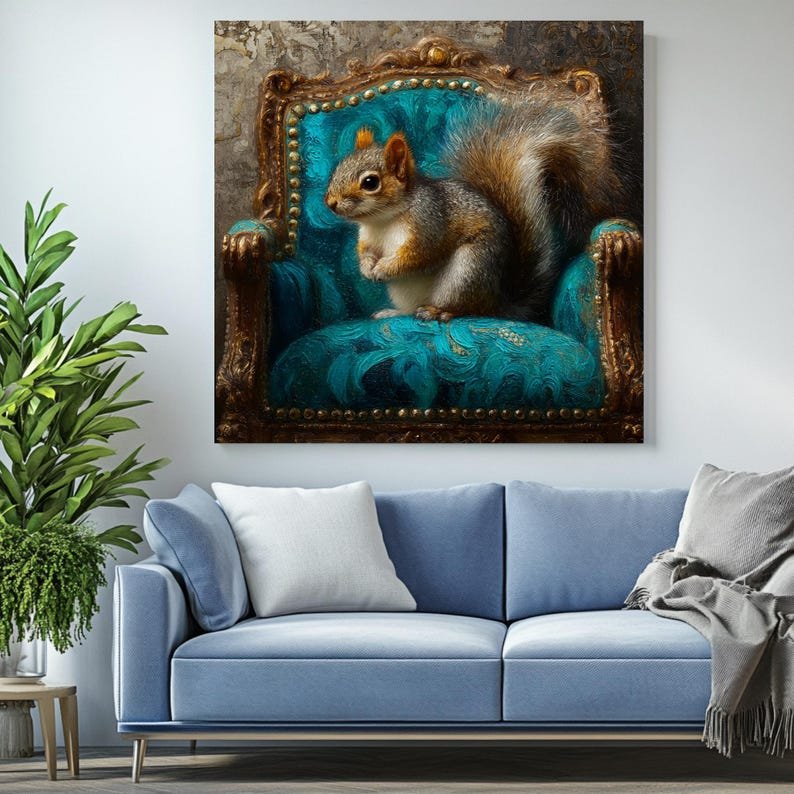 Squirrel On Chair Wall Art, Canvas or Poster, Animal Portrait, Whimsical Home Decor, Living Room Bedroom Entryway Wall Art,Squirrel Wall Art - Image 4