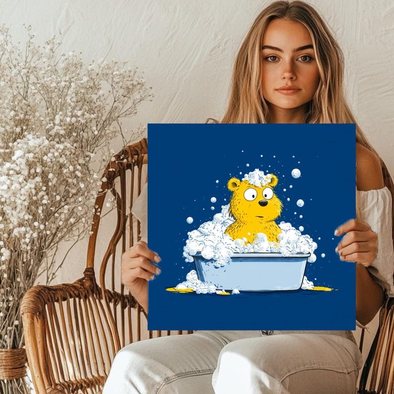 Yellow Bear Bath Wall Art, Canvas Or Poster, Bathroom Decor, Cute Animal Print, Nursery Wall Art, Funny Bear Painting, Kids Wall Decor - Image 5