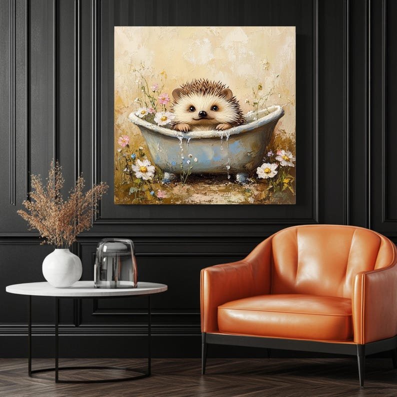 Hedgehog in Bathtub Wall Art, Canvas Or Poster, Floral Bathtub Art, Cute Animal Art, Bathroom Decor, Nursery Wall Art, Animal Decoration - Image 3