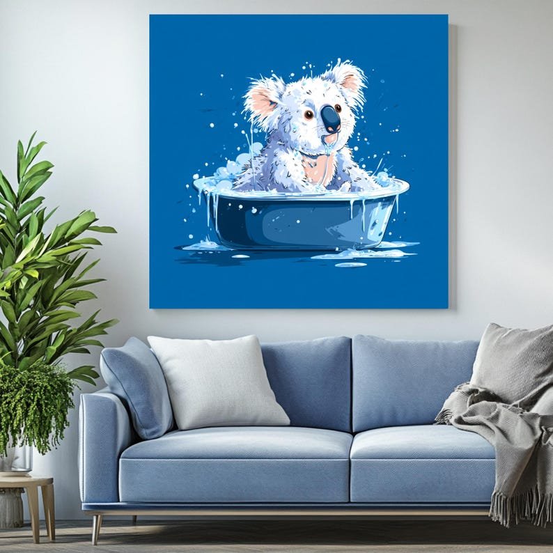 Koala Bath Time, Canvas Or Poster, Bathroom Wall Art, Animal Decor, Kids Bathroom Decor, Living Room Bedroom Office Wall Art,Blue White Pink - Image 4
