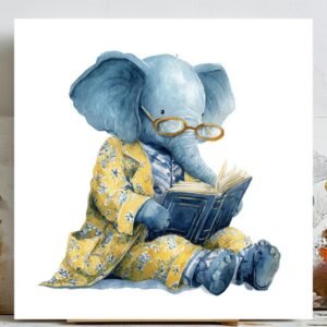 Reading Elephant Wall Art, Canvas Or Poster, Nursery Bedroom Decor, Whimsical Animal Wall Hanging, Blue Yellow Elephant Art, Kids Room Art