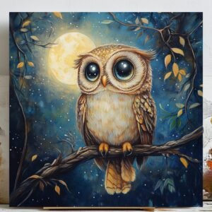 Cute Owl Wall Art, Canvas or Poster, Nursery Decor, Moonlight Owl Painting, Kids Room Wall Art, Whimsical Animal Print, Bedroom Wall Art