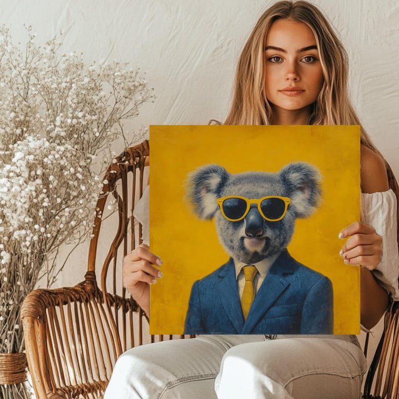Cool Koala Art, Canvas or Poster, Whimsical Contemporary Decor, Office Living Room Children's Room Art, Yellow Blue Grey White, Koala Decor - Image 5