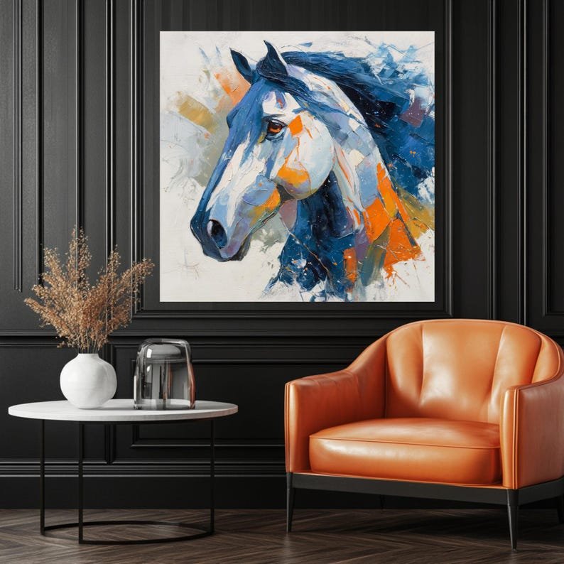 Abstract Horse Wall Art, Canvas or Poster, Modern Equestrian Decor, Blue Orange Horse Painting, Living Room Wall Decor,Horse Lover Gift Idea - Image 4