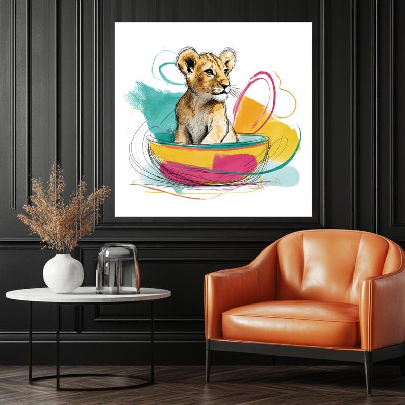 Lion Cub in Teacup Wall Art, Canvas Or Poster, Whimsical Safari Nursery Decor, Colorful Animal Art, Kids Playroom Wall Decor, Cute Baby Gift - Image 4