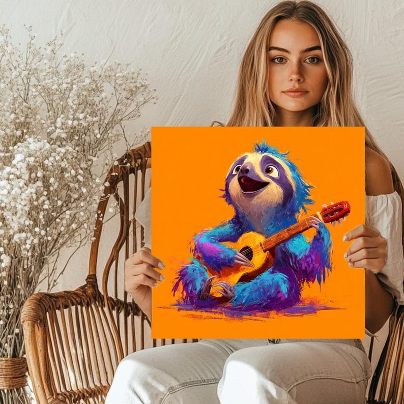 Sloth Playing Guitar Wall Art, Canvas Or Poster, Animal Music Decor, Kids Room Art, Living Room Decor, Musical Wall Hanging, Sloth Art - Image 5