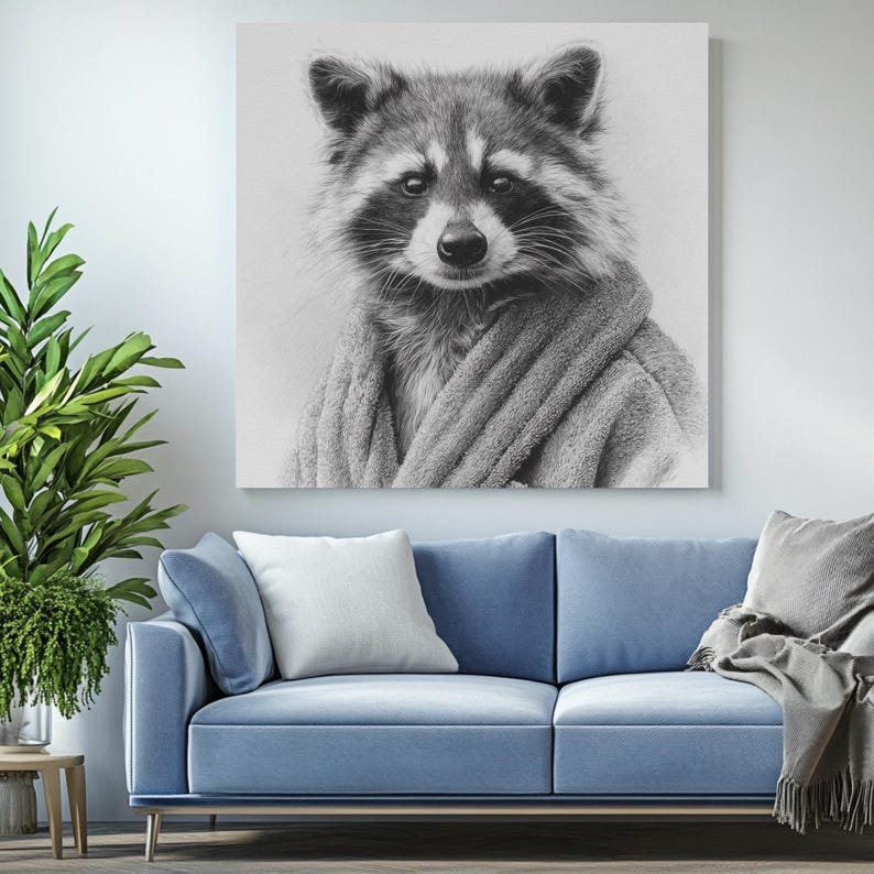 Raccoon In Bathrobe Art, Canvas Or Poster, Black And White Animal Wall Art, Bathroom Wall Decor, Cute Raccoon Print, Bathroom Art - Image 4