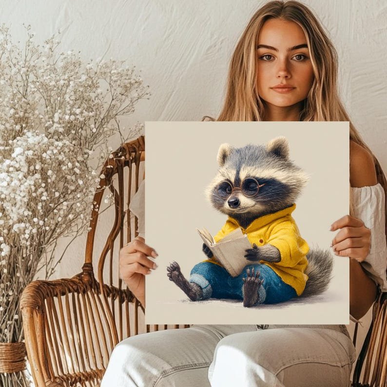 Raccoon Reading Book Wall Art, Canvas Or Poster, Whimsical Animal Decor, Raccoon Nursery Print, Kids Room Wall Art, Library Decor - Image 5