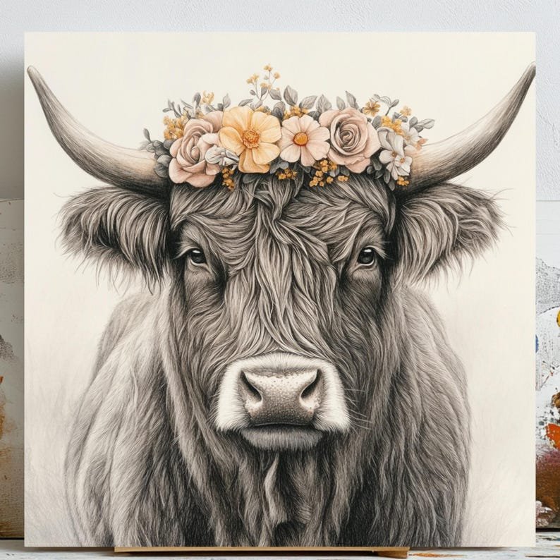 Highland Cow With Flower Crown, Canvas or Poster, Farmhouse Wall Art, Rustic Country Decor, Animal Wall Hanging, Living Room Wall Art