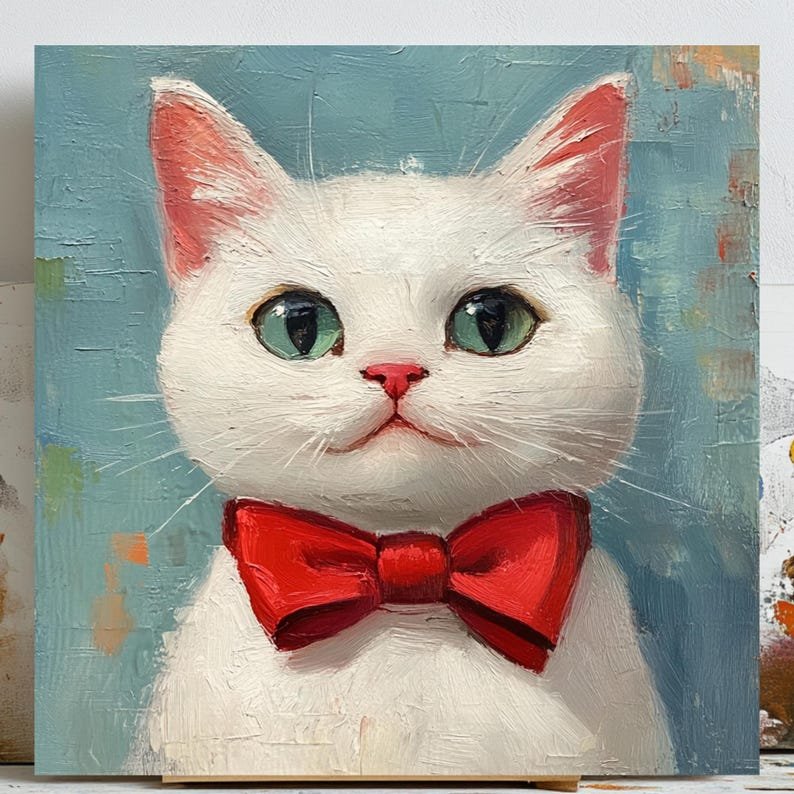 White Cat Wall Art, Canvas or Poster, Cute Cat with Red Bow, Animal Wall Decor, Whimsical Pet Art, Kitten Home Decor, Bedroom Art For Her