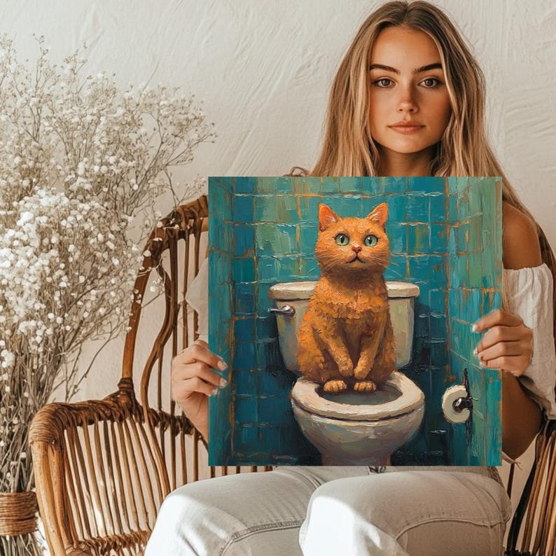 Cat On Toilet Wall Art, Canvas Or Poster, Modern Wall Art, Animal Decor, Bathroom Decor, Living Room Decor, Funny Cat Wall Hanging, Cat Art - Image 5