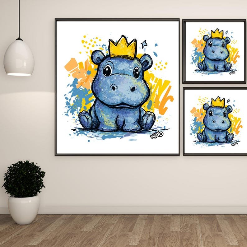 Cute Hippo Wall Art, Canvas Or Poster, Cartoon Animal Print, Baby Nursery Decor, Playroom Wall Art, Whimsical Kids Room Art, Home Decor - Image 2