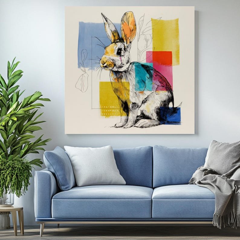 Colorful Bunny Wall Art, Canvas or Poster, Modern Abstract Rabbit Decor, Living Room Nursery Office Wall Art, Contemporary Design - Image 4