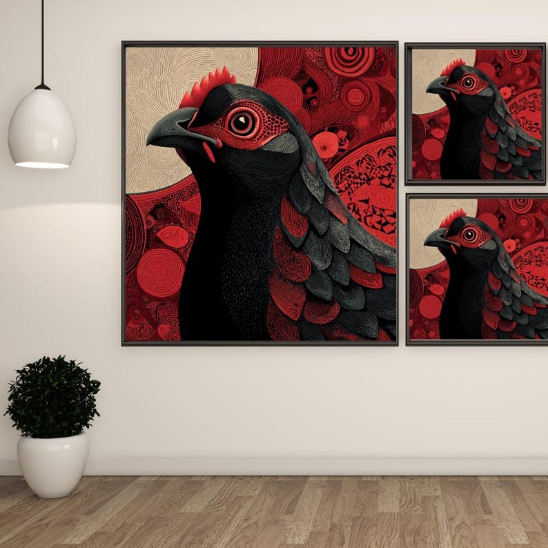 Modern Rooster Wall Art Canvas Or Poster, Folk Art Bird Print, Red and Black Farmhouse Decor, Rustic Kitchen Wall Hanging, Pheasant Artwork - Image 2