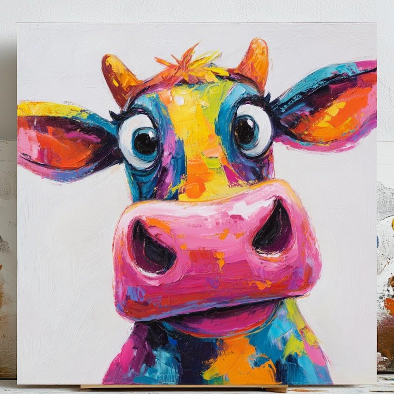 Colorful Cow Wall Art, Canvas Or Poster, Whimsical Animal Decor, Modern Farmhouse Kitchen Decor, Kids Nursery Room Wall Art, Cow Painting