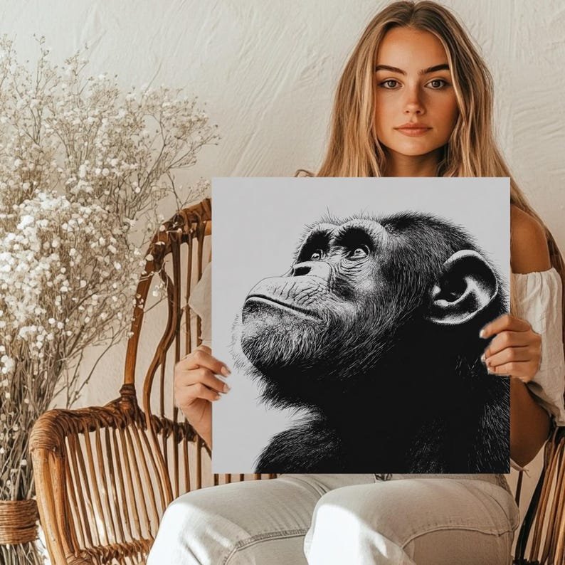 Chimpanzee Portrait, Black and White Ink Drawing, Modern Office Wall Art, Monochrome Wildlife Print, Animal Lover Gift, Monkey Art. - Image 4