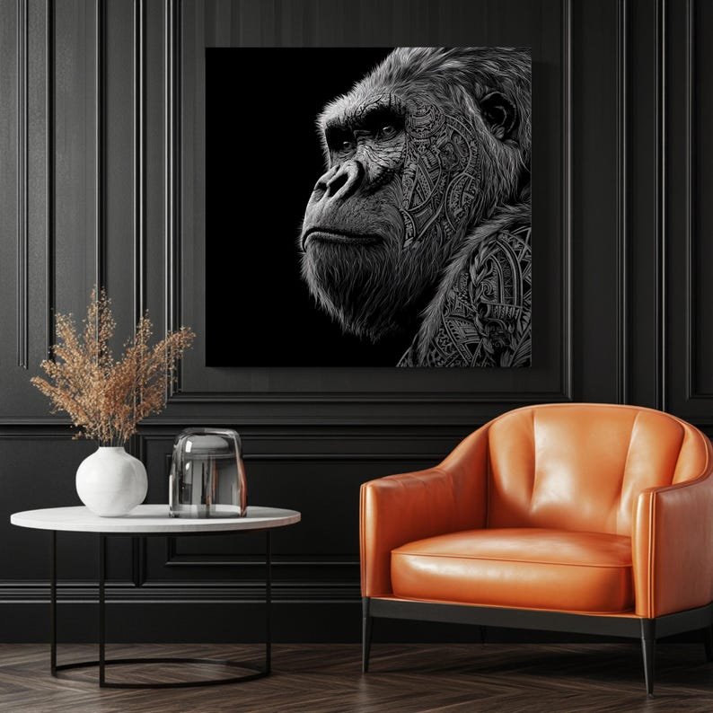 Gorilla Wall Art, Canvas Or Poster, Black And White Tribal Design, Modern Animal Print, Masculine Home Decor, Jungle Wall Hanging,Office Art - Image 3