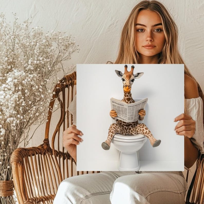 Giraffe On Toilet Art, Canvas or Poster, Funny Bathroom Decor, Whimsical Animal Wall Art, Modern Home Artwork, Playful Wall Decoration - Image 5