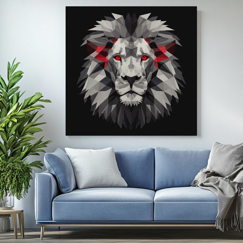 Geometric Lion Wall Art, Canvas Or Poster, Modern Animal Decor, Red Eyes Lion Print, Office Wall Decor, Man Cave Art, Abstract Lion Head - Image 3