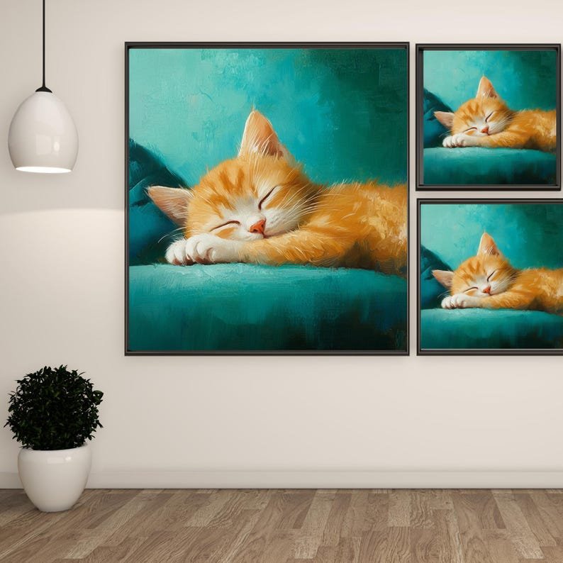 Sleeping Kitten Wall Art, Canvas or Poster, Cat Wall Decor, Whimsical Animal Art, Living Room Bedroom Nursery Wall Hanging, Pet Owner Gift - Image 2