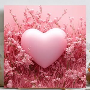 Pink Heart & Cherry Blossom Art Print: Pastel Floral Valentine Decor