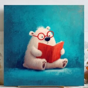 Bookworm Bear Art, Canvas or Poster, Rustic Decor, Children's Room Nursery Library Living Room Wall Art, Blue Grey Red White Bear Art Print