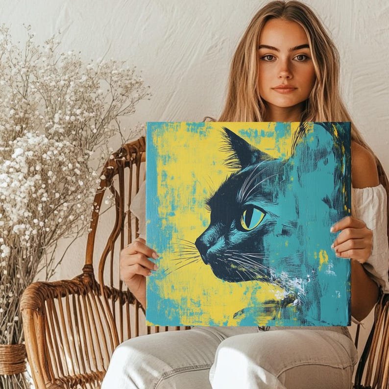 Abstract Cat Wall Art, Canvas or Poster, Modern Animal Decor for Living Room or Office, Bold Teal Yellow Artwork, Contemporary Print - Image 5