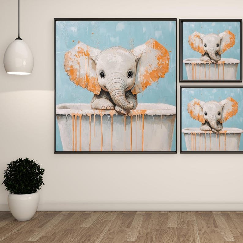 Elephant In Bathtub, Canvas or Poster, Cute Animal Wall Art, Bathroom Decor, Nursery Wall Hanging, Whimsical Elephant Painting, Home Decor - Image 2