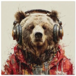 Bear With Headphones, Canvas Or Poster, Animal Decor, Music Lover Decor, Modern Home Decor, Room Wall Art, Bear Wall Hanging, Bear Art