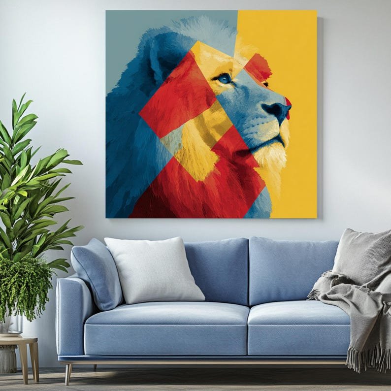 Abstract Geometric Lion Wall Art, Canvas Or Poster, Modern Animal Decor, Living Room Art, Colorful Lion Portrait, Unique Office Wall Hanging - Image 3