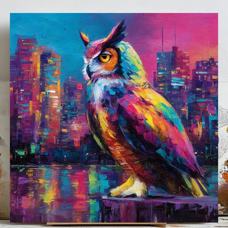 Colorful Owl Wall Art, Canvas Or Poster, Abstract Owl Painting, Living Room Wall Art, Modern Vibrant Decor, Unique Bird Lover Gift Idea