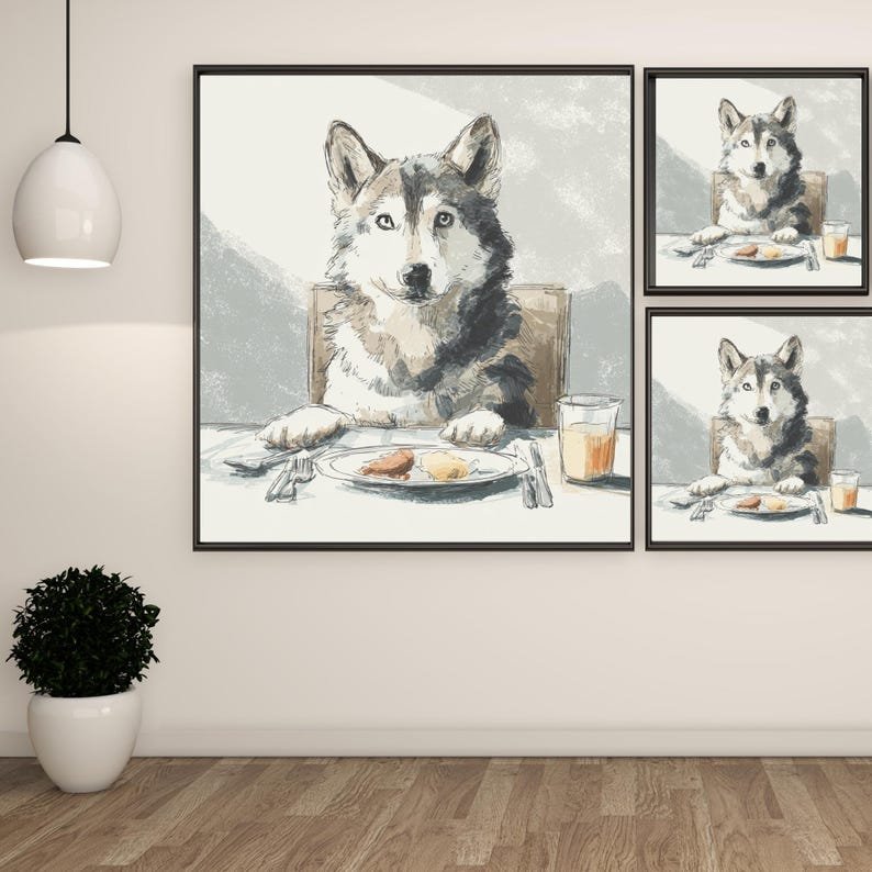 Husky Dinner Time, Canvas Or Poster, Kitchen Wall Art, Animal Decor, Dining Room Decor, Funny Wall Art, Husky Wall Hanging, Husky Wall Art - Image 2
