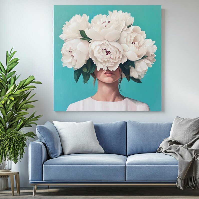 Floral Woman Portrait, Canvas or Poster, White Peony Wall Art, Modern Feminine Art, Living Room Bedroom Wall Art, Home Decor, Surreal Woman - Image 4