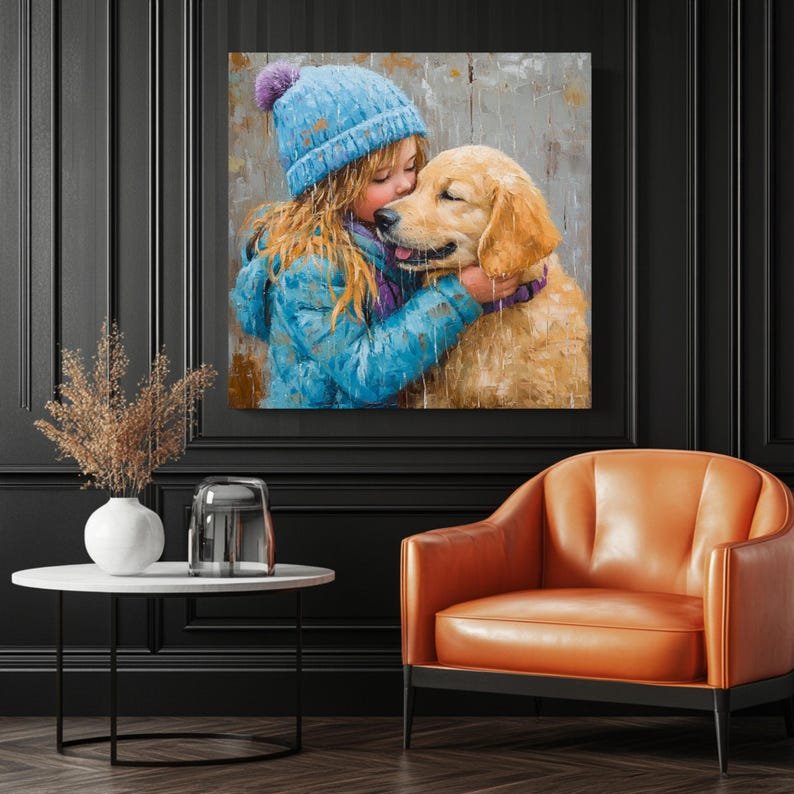 Child and Dog Hug Art, Canvas or Poster, Heartwarming Friendship Decor, Home Wall Hanging, Modern Whimsical Painting, Gift for Pet Lovers - Image 3