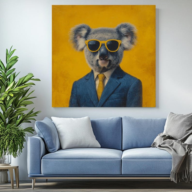 Cool Koala Art, Canvas or Poster, Whimsical Contemporary Decor, Office Living Room Children's Room Art, Yellow Blue Grey White, Koala Decor - Image 4