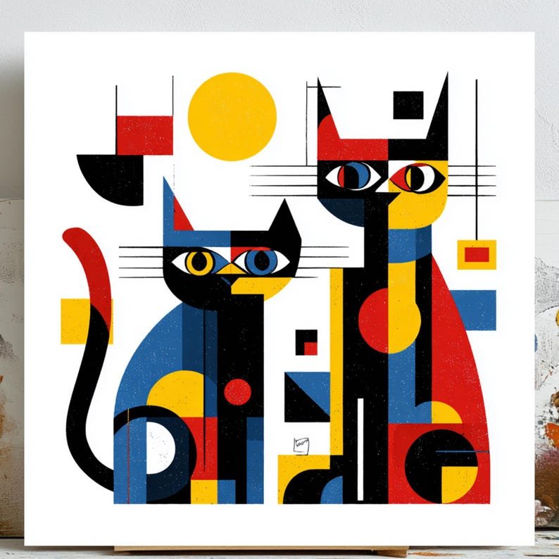 Geometric Cat Wall Art, Canvas Or Poster, Mid Century Modern Decor, Bauhaus Animal Art, Colorful Feline Print, Unique Living Room Wall Decor