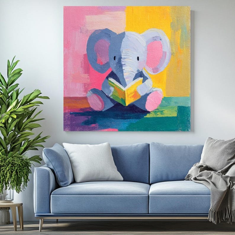 Elephant Reading Book Wall Art, Canvas Or Poster, Nursery Wall Decor, Kids Room Art, Colorful Animal Painting, Whimsical Library Art, Gift - Image 3