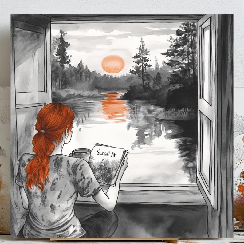 Girl Reading At Sunset Wall Art, Canvas Or Poster, Cozy Window Painting, Bedroom Wall Decor, Relaxing Wall Hanging, Gift For Book Lovers