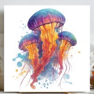 Jellyfish Watercolor Wall Art, Canvas Or Poster, Colorful Ocean Decor, Nautical Wall Art, Bathroom Wall Decor, Sea Life Print, Jellyfish Art
