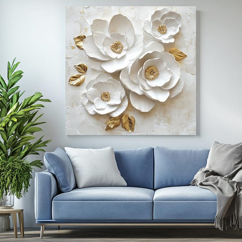3D White Floral Canvas or Poster, Textured Wall Art, Modern Home Decor, Elegant Gold Flower Artwork, Minimalist Living Room Wall Hangings - Image 4