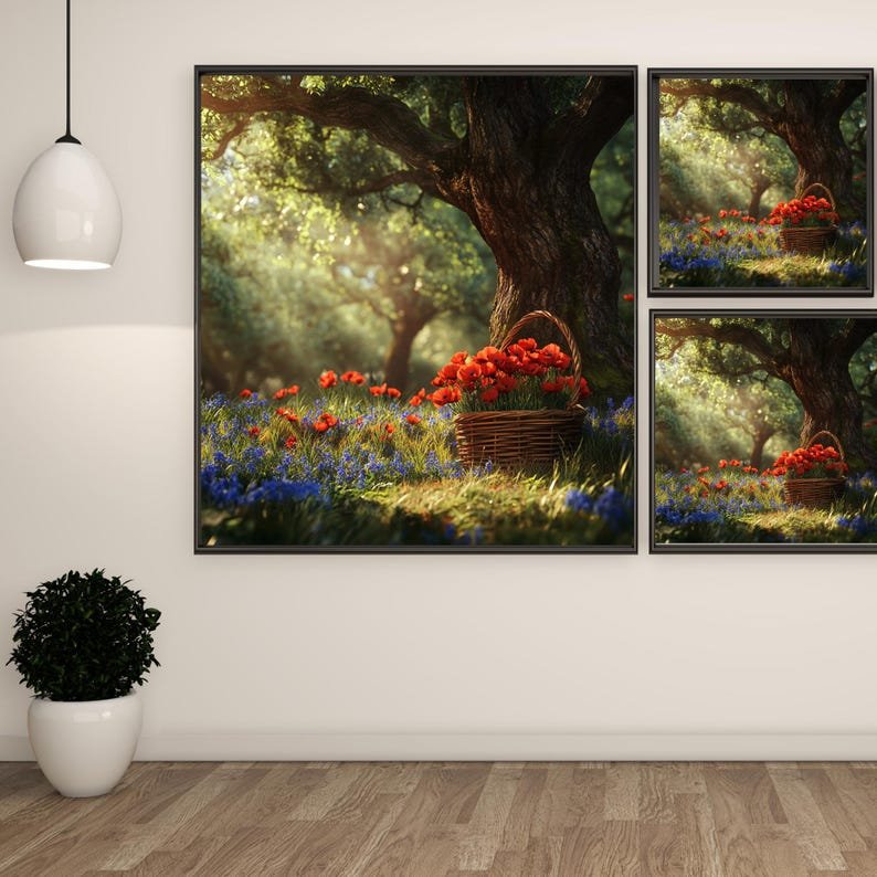 Poppy Flower Basket Print: Rustic Woodland Wall Art - Image 2