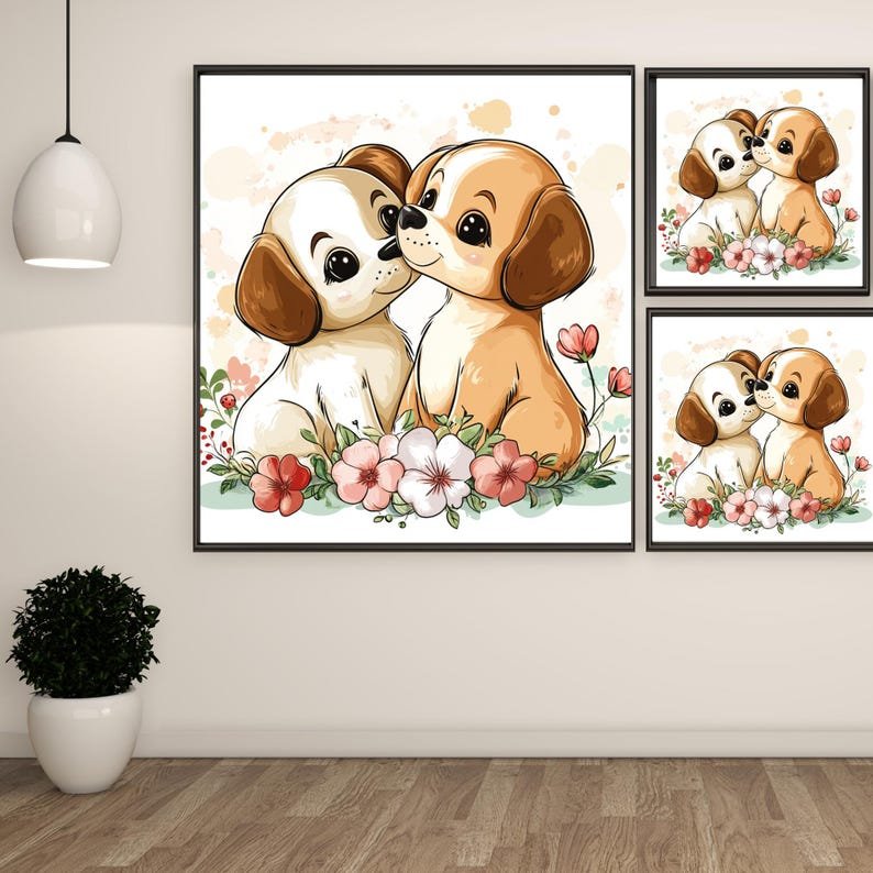 Two Puppies Wall Art, Canvas or Poster, Whimsical Dog Decor for Nursery or Kids Room, Cute Animal Art, Floral Puppy Art, Beige Pink Print - Image 2